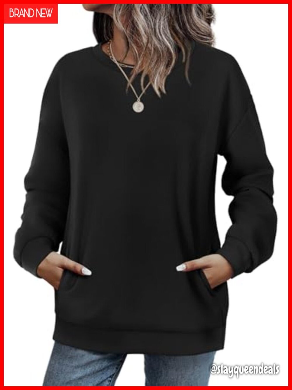 Womens Crewneck Sweatshirt Drop Shoulder Hidden Pocket Pullover